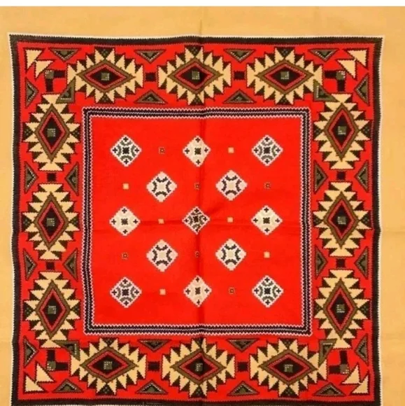 VTG NEW Crisp Aztec Native Scarf Handkerchief/Bandana/ Red/White/Mustard 21"x21" - Picture 8 of 8